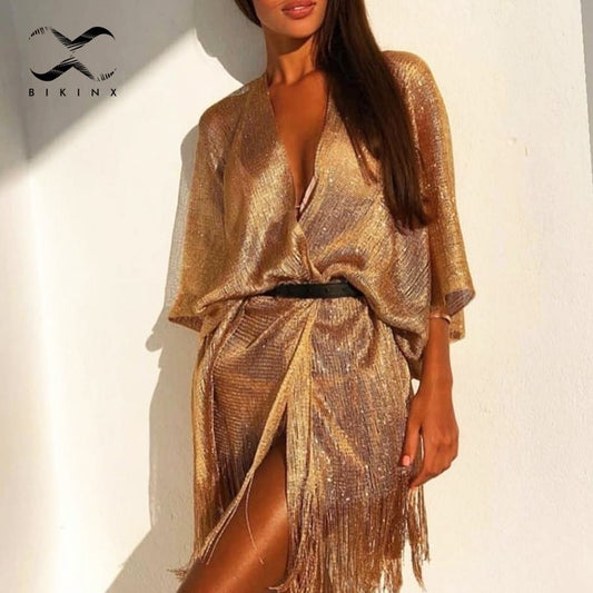 Vestido de playa sexy para mujer con borlas doradas para cubrir bikini