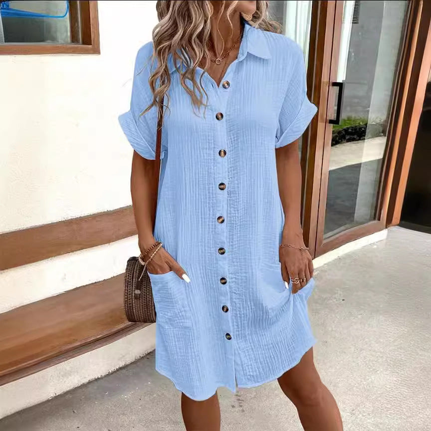 Summer Short Sleeve Shirt Dress Fashion Solid Color Single-breasted Mid-length Loose Dress